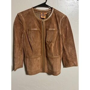 Tory Burch Perforated Suede Leather Jacket Brown Blazer Womens Size 2